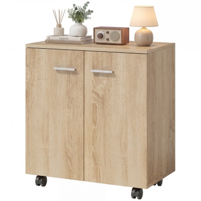 HOMCOM Buffet Roulettes 2 Portes Étagères 60x35x65cm Bois Natural