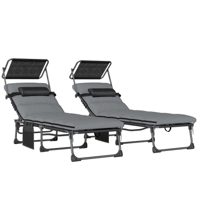 Outsunny Folding Sun Loungers Set with Canopy Light Grey