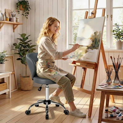 HOMCOM Taburete con ruedas, taburete de masaje en PU con altura regulable 73-88 cm y respaldo, giratorio 360°, gris