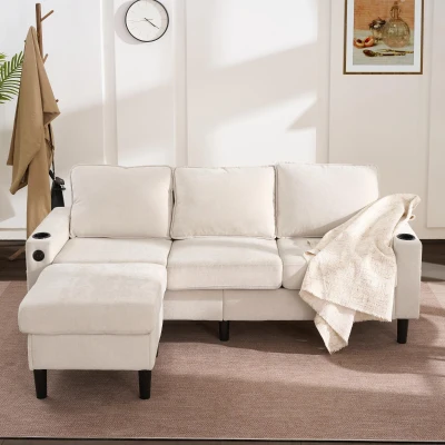 Divano letto angolare a 3 posti con 2 portabicchieri, Beige