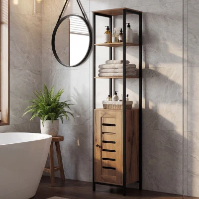kleankin Columna de Baño Estrecha con Puerta de Lamas Estantes Ajustables Compartimentos Abiertos 37x30x167 cm Marrón Rústico