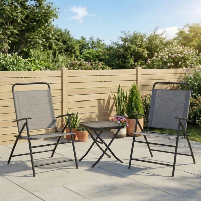 Outsunny Conjunto de Mesa e Cadeiras de 3 Peças Móveis de Jardim Dobráveis com Encosto Ajustável e Bancada de Vidro Cinza