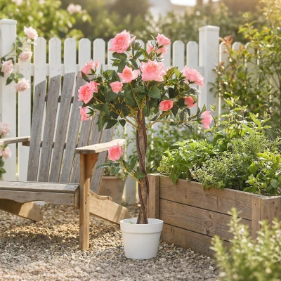 Outsunny Pianta Finta di Rosa da 21 Fiori Rosa con Vaso