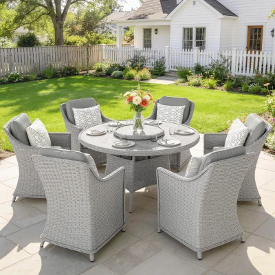 Outsunny Rattan Dining Set Round Table & Chairs Grey