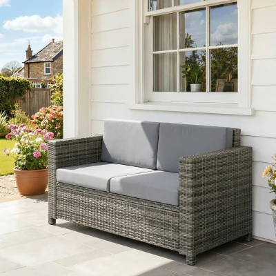 Outsunny Poly-Rattan Sofa mit Kissen 2-Sitzer Garten Loungesofa Metall Polyester Grau 130 x 70 x 80 cm