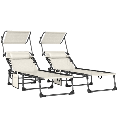Outsunny Set de 2 Tumbonas Plegables con Reposacabezas Parasol Bolsillo Lateral y Respaldo Reclinable en 5 Posiciones Crema