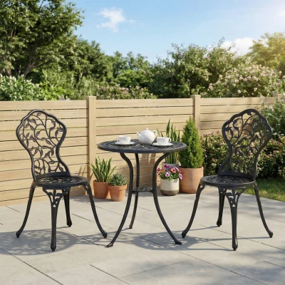 Outsunny 3 Pcs Aluminium Bistro Set Dining Table Chairs Black