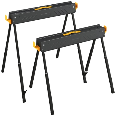 HOMCOM Set de 2 Caballetes para Sierra Plegables Altura Ajustable para Madera 2x4 con Asa Ganchos Soporta hasta 500 kg Negro