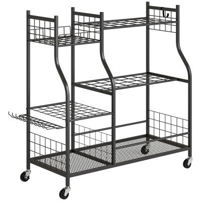 Outsunny Organizador de Ferramentas de Jardim em Aço de 3 Níveis, 74 Espaços, 4 Rodas, 11 Ganchos, 104x40x95cm, Preto