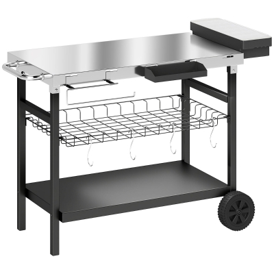 Outsunny Garten-Servierwagen mit 3 Ebenen, Edelstahl-Arbeitsfläche, Räder, Haken, abnehmbarer Korb, seitlicher Griff, 114x61x81cm, Schwarz