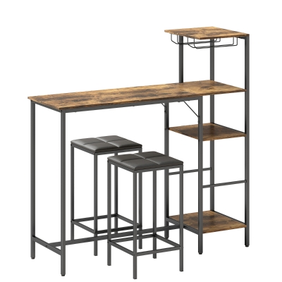 HOMCOM 3pc Bar Table and Stools Set Rustic Brown