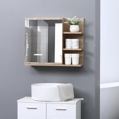 kleankin Bathroom Mirror Cabinet with Shelf - 3 Side Shelves - Wall Mounting Kit Included - Particle Board Light Oak Finish