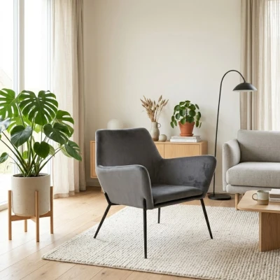 E-STYLO Poltrona moderna in velluto, ideale per arredare con eleganza soggiorni, salotti e zone living, L.P.H 70 x 71.5 x 79 cm