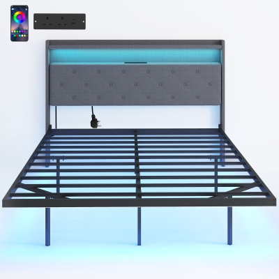HOMCOM Upholstered Double Bed Frame with LED Lights Grey