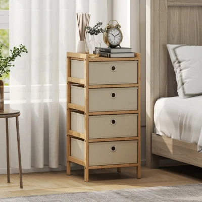 HOMCOM Narrow Dresser 4-Drawer Bamboo Frame Cream White