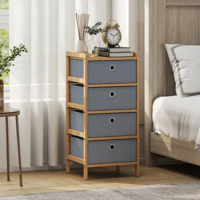 HOMCOM Bamboo Chest 4-Drawer Narrow Dresser Light Grey