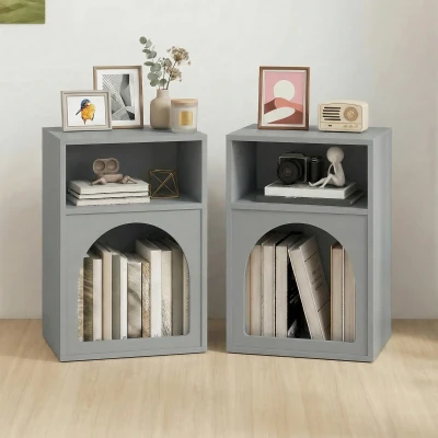 HOMCOM 2er-Set Nachttische, Nachttisch mit offenen Fächern, gebogenes Design, 40 x 30 x 60 cm, grau