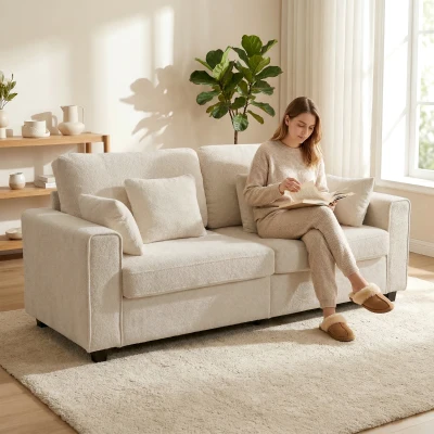 HOMCOM Sofá bege de 3 lugares com revestimento em veludo Raindrop, assento profundo, almofadas com molas, apoios de braço largos e 4 almofadas