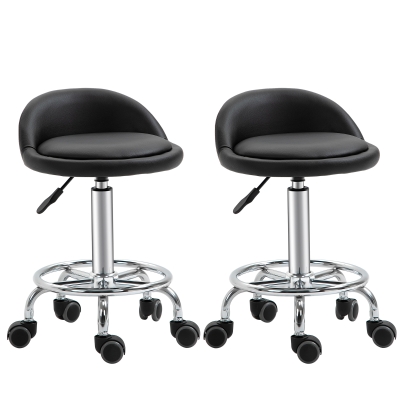 HOMCOM Set of 2 360° swivel rolling stools, seat adjustable 47-62H cm, chrome steel black synthetic upholstery