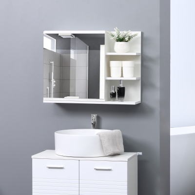 kleankin Bathroom Mirror Cabinet with Shelf 3 Side Shelves Wall Mount Kit Included White Wood Effect