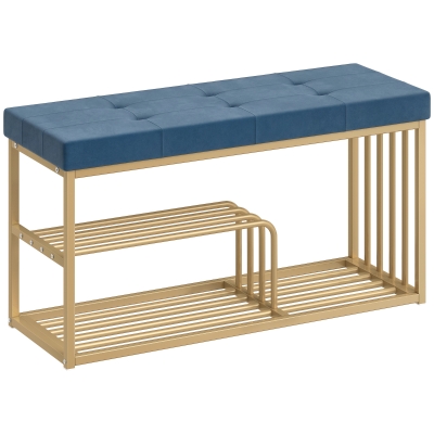 HOMCOM Tufted Shoe Storage Bench Velvet Seat Gold Dark Blue