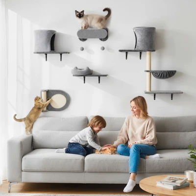 PawHut Arbre à Chat Mural 5 Pièces Gris avec Hamac et Griffoirs
