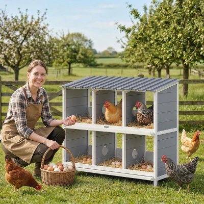 PawHut Nido de puesta para gallinas, nido elevado de madera con 6 compartimentos y 4 perchas para establo de pequeños animales 102 x 50 x 91 cm, Gris