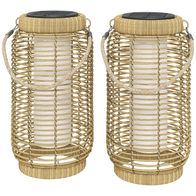 Outsunny Set de 2 Lampadare Exterioare Solare din Rășină Împletită, Lumină LED de Grădină din Oțel, Pornire/Oprire Automată Bej nisip