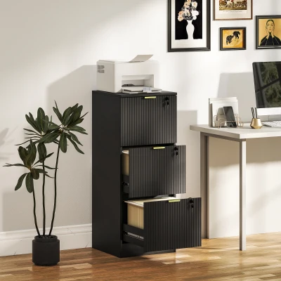 HOMCOM Fluted Filing Cabinet 3 Drawers Lockable Black