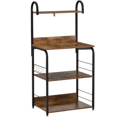 HOMCOM 4-Tier Baker's Rack, Microwave Stand with 4 Hooks, Kitchen Storage Unit for Spices, Pots and Pans, Rustic Brown