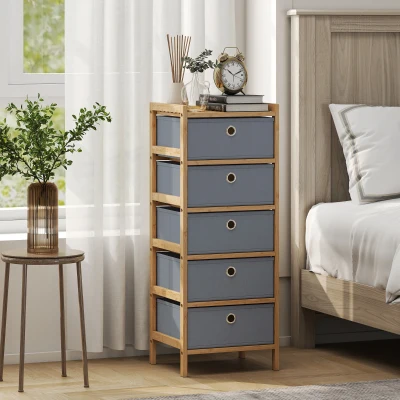 HOMCOM Narrow Dresser 5-Drawer Bamboo Frame Light Grey