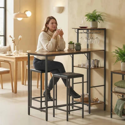 HOMCOM 3pc Bar Table and Stools Set Rustic Brown