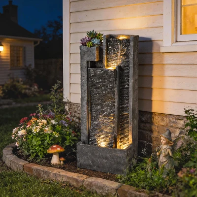 Outsunny Springbrunnen 3-stufig Gartenbrunnen mit LED Beleuchtung Pflanzkübel Pumpe Steinoptik, Verstellbar 38 x 19 x 101 cm