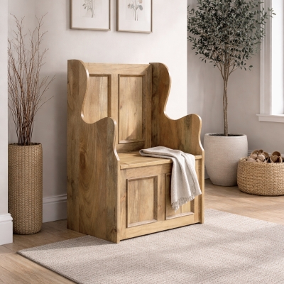 Solid Mango Wood Small Storage Bench with Clear Natural Finish and Storage Box, Brown