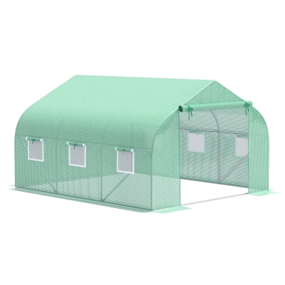 Outsunny Garden Tunnel Greenhouse 10.5 m² dim. 350L x 300l x 200H cm Door + 6 roll-up windows Galvanized steel HDPE cover Green