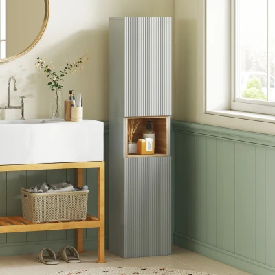 HOMCOM Armario de Baño Alto Estrecha con Estante Abierto y Estantes Ajustables 2 Puertas Acanaladas 30x24x140 cm Verde