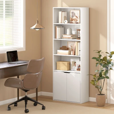 HOMCOM 6-Tier Bookcase with Double Door Storage White 59x29cm