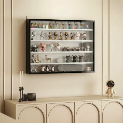 HOMCOM Wall Display Cabinet 5-Tier Glass Doors Black/White