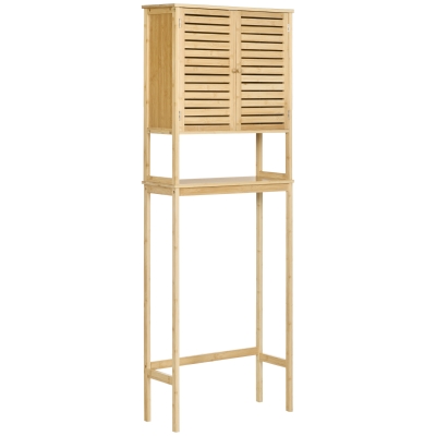 kleankin Meuble WC Bambou 2 Portes Étagère Salle de Bain MDF