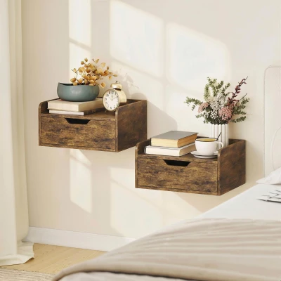 HOMCOM Wall-Mounted Nightstands Set with Drawer Rustic Brown