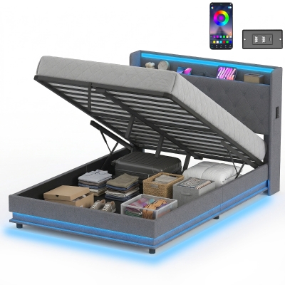 HOMCOM Lit 140x200cm Rangement Hydraulique LED Tête & Pied