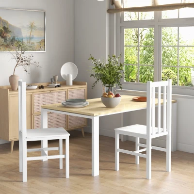 HOMCOM Conjunto de 2 Cadeiras de Sala de Jantar com Encosto de Ripas Estrutura de Madeira de Pinho 38,5x47,5x99 cm Branco
