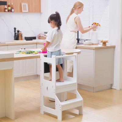 HOMCOM Kids Kitchen Step Stool with Chalkboard White