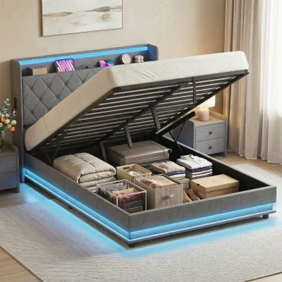 HOMCOM Estrado 140 x 200 cm com cabeceira e peseira, cama plataforma com armazenamento hidráulico, luzes LED