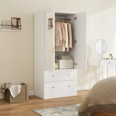 HOMCOM Roupeiro com  2 Portas e 2 Gavetas Armário Roupeiro com Espelho Barra para Pendurar Estilo Moderno 80x50x180 cm Branco