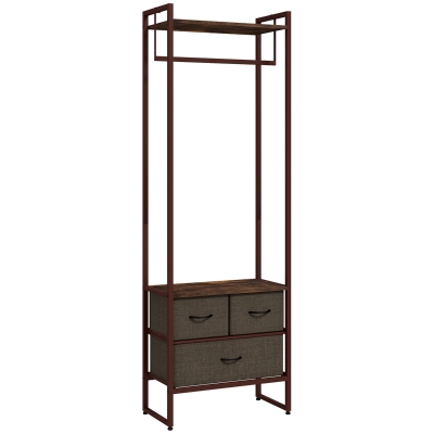HOMCOM Suporte para Cabides com 3 Gavetas de Tecido Barra para Pendurar e Prateleira para Entrada Quarto 58,5x30x178 cm Castanho Rústico