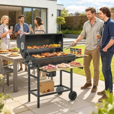 Outsunny Barrel Charcoal BBQ Grill with Rack Wood Black