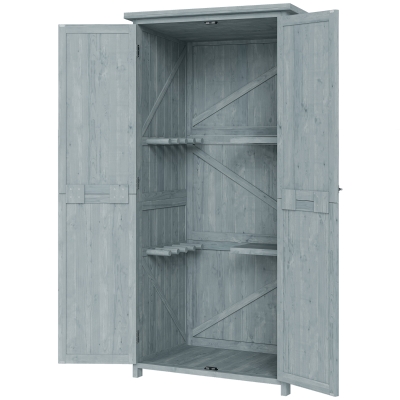 Outsunny Armoire de Jardin Bois Gris 2 Portes 2 Étagères 10 Crochets