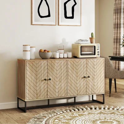HOMCOM Aparador de Sala com 4 Portas com Design Chevron Prateleiras Ajustáveis Pés de Aço 140,5x40x81,5 cm Carvalho