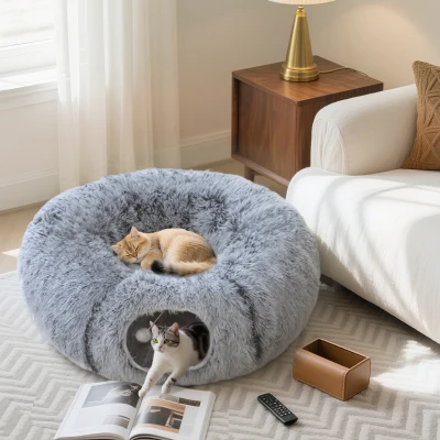 PawHut Tunnel Chat Intérieur Lit Donut Coussin Lavable 90x80x27cm Gris